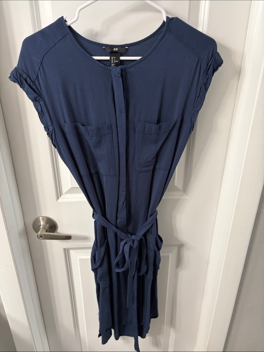 H&M Deep Blue Short Sleeve Shirt Dress with Tie Waist